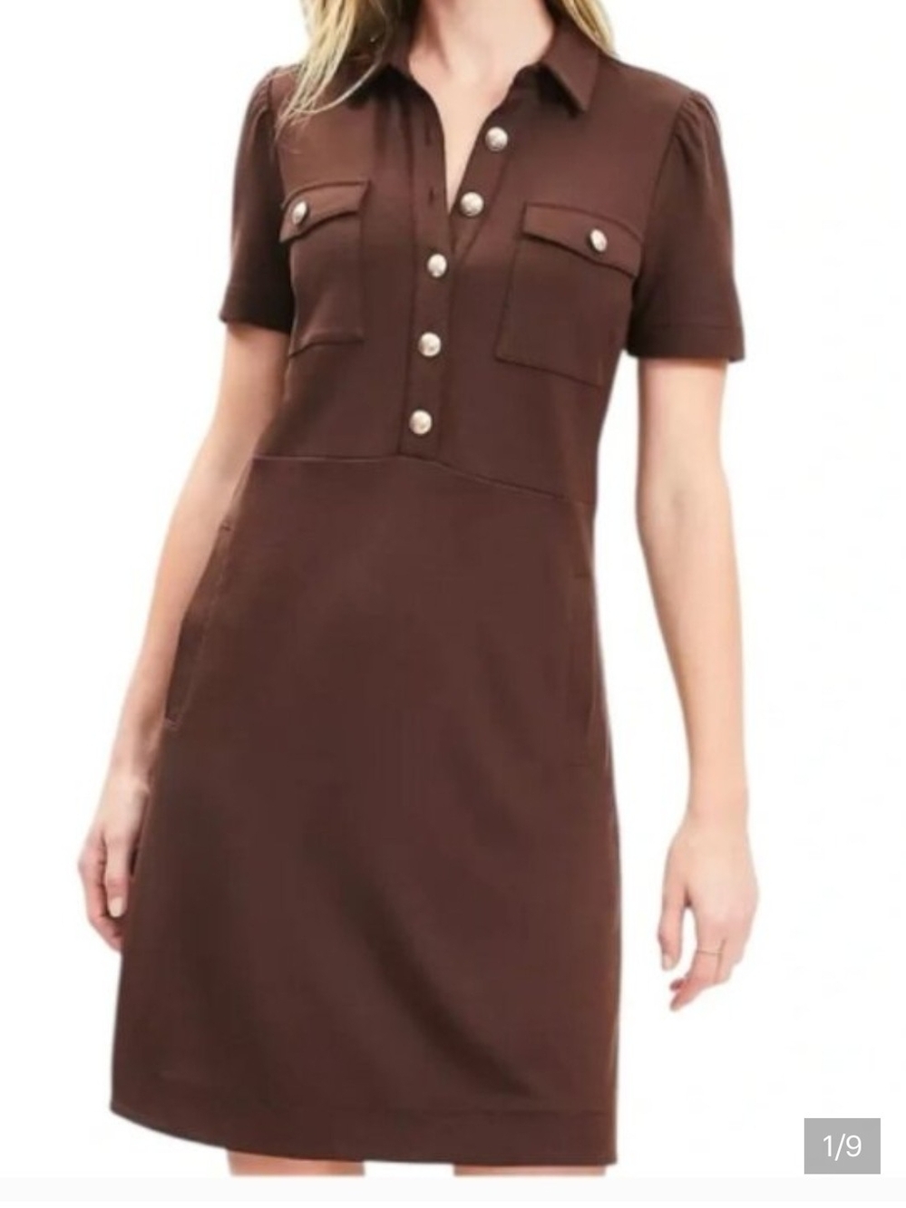 LOFT Short Sleeve Button Front Brown Shirt Dress - 10